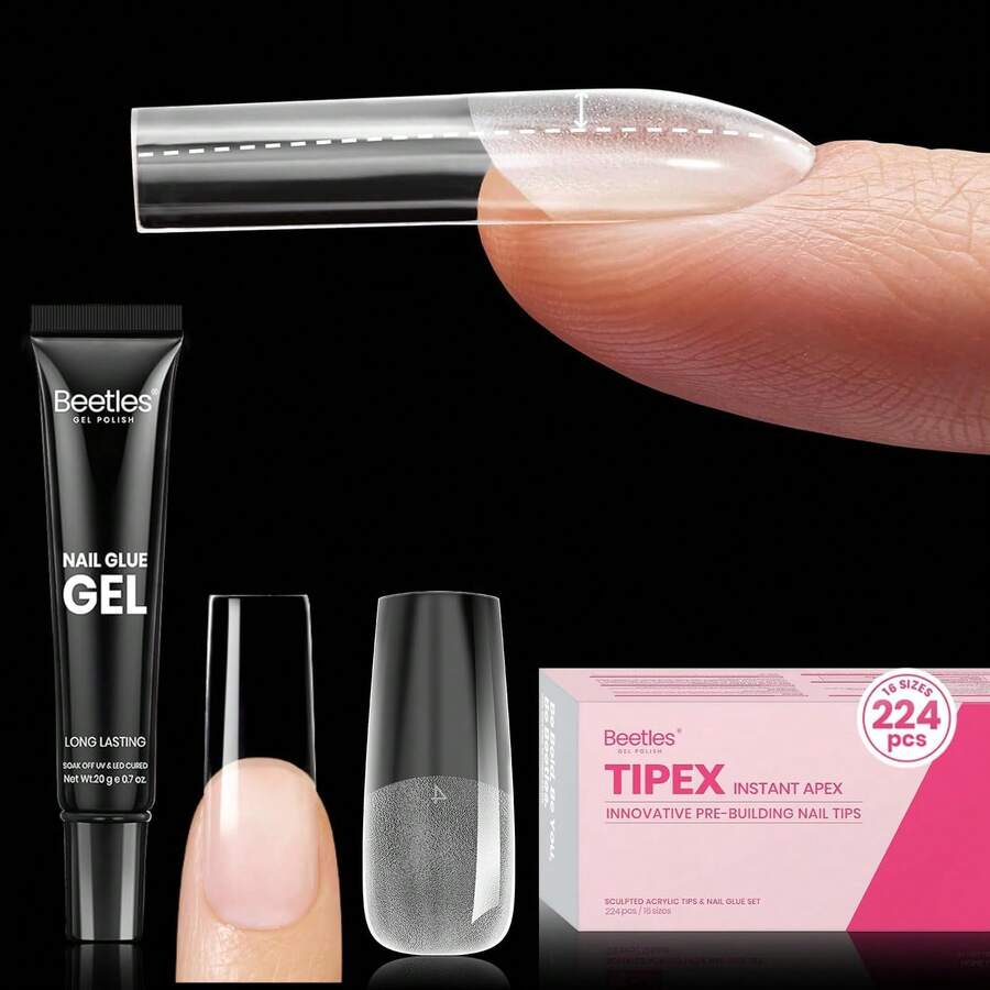 Beetles Tipex Lite Pre-Built Apex Nail Tips Kit, Stiletto Medium, With Tipex Nail Glue, All-In-One Gel Nail Kit - Square Long 224pcs (Tipex Nail Kit) - View 1