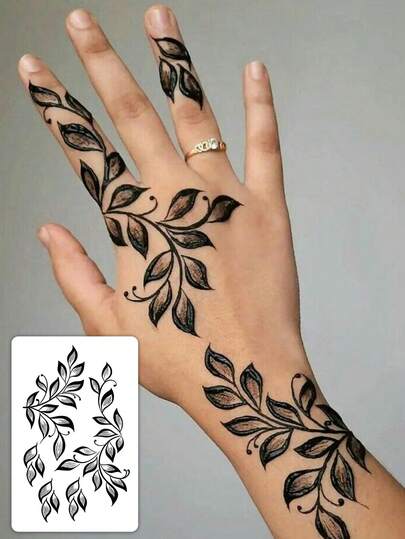 1片装时尚防水黑灰渐变叶子图案临时纹身贴纸，耐用花藤叶子设计，手部假纹身贴纸