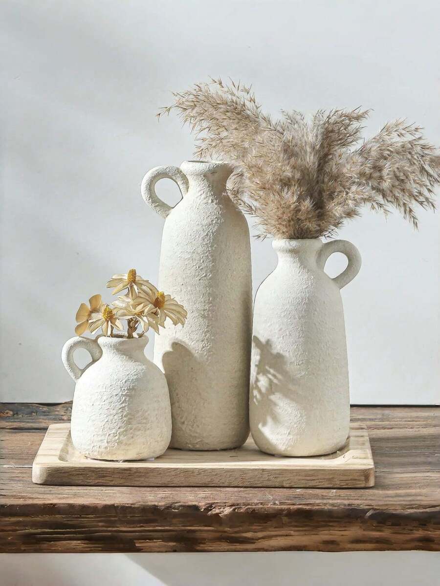 1pc White Resin Vase With Rustic Texture And Handle, Suitable For Minimalist Boho Style Home Decor. Can Be Used To Hold Reeds And Dried Flowers, Its Countryside Design Makes It An Excellent Gift For Friends (Suitable For Any Occasion)