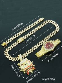1 Conjunto Novo Produto Hip Hop Pingente Personalizado de Buldogue Colar Corrente Cubana de Diamante Pulseira Relógio Vermelho Masculino Conjunto Acessórios Masculinos Personalizados e Modernos - Vermelho - Visão 5