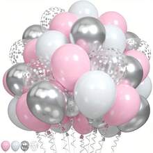 52pcs Pink, White, Silver Latex Balloons, Paired With Confetti Balloons, Suitable For Birthdays, Weddings, And Bridal Showers, Babyshower, Pink Themed Party, Anniversary Celebration, Coming Of Age Ceremony, Ladies' Singles Party - View 1