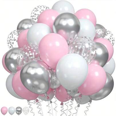 52pcs Pink, White, Silver Latex Balloons, Paired With Confetti Balloons, Suitable For Birthdays, Weddings, And Bridal Showers, Babyshower, Pink Themed Party, Anniversary Celebration, Coming Of Age Ceremony, Ladies' Singles Party