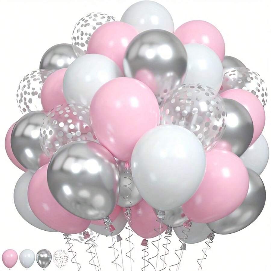 52pcs Pink, White, Silver Latex Balloons, Paired With Confetti Balloons, Suitable For Birthdays, Weddings, And Bridal Showers, Babyshower, Pink Themed Party, Anniversary Celebration, Coming Of Age Ceremony, Ladies' Singles Party - View 1