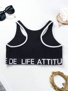 Contrast Color Letter Print Full Coverage Seamless Casual Wireless Cotton Bralette Camisole For Women - Black - View 9