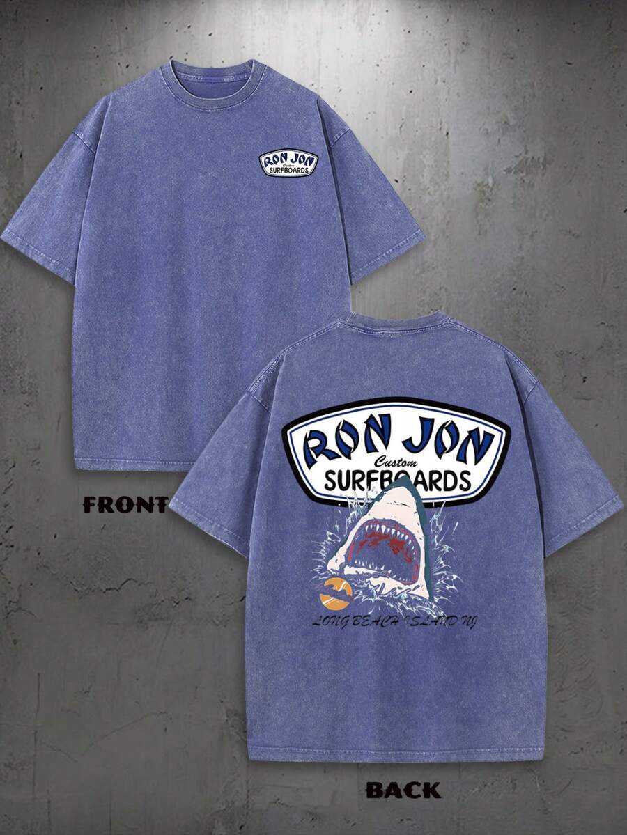 Shark Surfing Pattern Men's Summer Round Neck Short Sleeved T-Shirt, Unisex T-Shirt, Comfortable And Fashionable, Men's Clothing, 230G Washed Cotton High-Quality Double-Sided Printed T-Shirt, Suitable For Retro Street Style, Outdoor Sports And Leisure, Beach Travel And Other Occasions, Perfect Gift - 藍色 - 查看 1