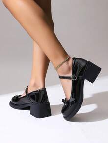 Giày Mary Jane da PU nữ mới năm 2025: Đế dày, gót chunky, mũi tròn, trang trí nơ, thiết kế buộc dây, gót dày, giày casual thoải mái hàng ngày. Thích hợp cho các buổi đi chơi hàng ngày, kỳ nghỉ, tiệc cocktail, giày đi làm đa năng thoải mái. - màu đen - Xem 2