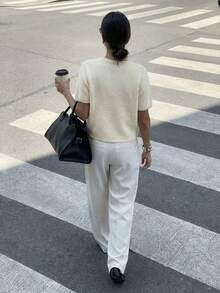 Round Neck Solid Color Pearl Button Short Sleeve Casual Versatile Knit Cardigan, Loose Fit, Suitable For Everyday Wear White Spring - White - View 7