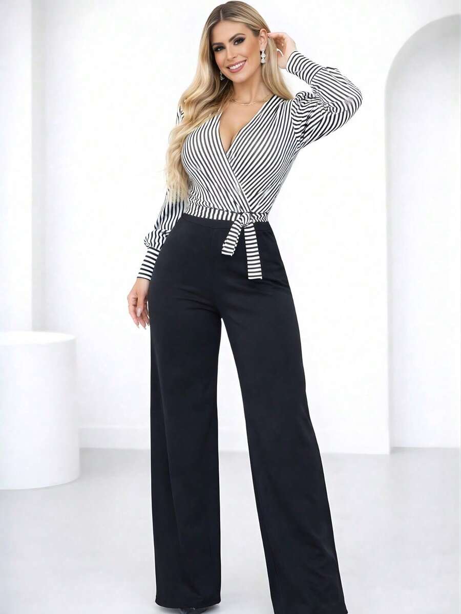 Women's Chic Long-Sleeved Striped Jumpsuit With Wide-Leg Pants, Ribbed And Elastane, Slim Fit, V-Neck, Casual And Elegant Winter Fashion - 白色細條紋 - 查看 1