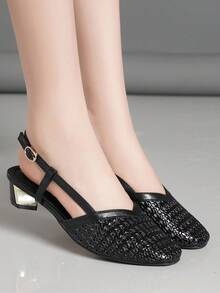 女士高跟凉鞋，粗跟编织镂空踝带白色高跟鞋，适合婚礼、派对等场合 - 黑色 - 查看 3