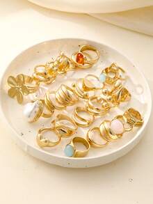 24/17/7件套时尚优雅休闲夸张复古花朵、心形、星星、仿珍珠彩色宽边戒指套装，适合女性，可用于度假、派对、约会、休闲、婚礼、旅行、摄影、日常搭配，全新百搭组合 - 金黃色 - 查看 5