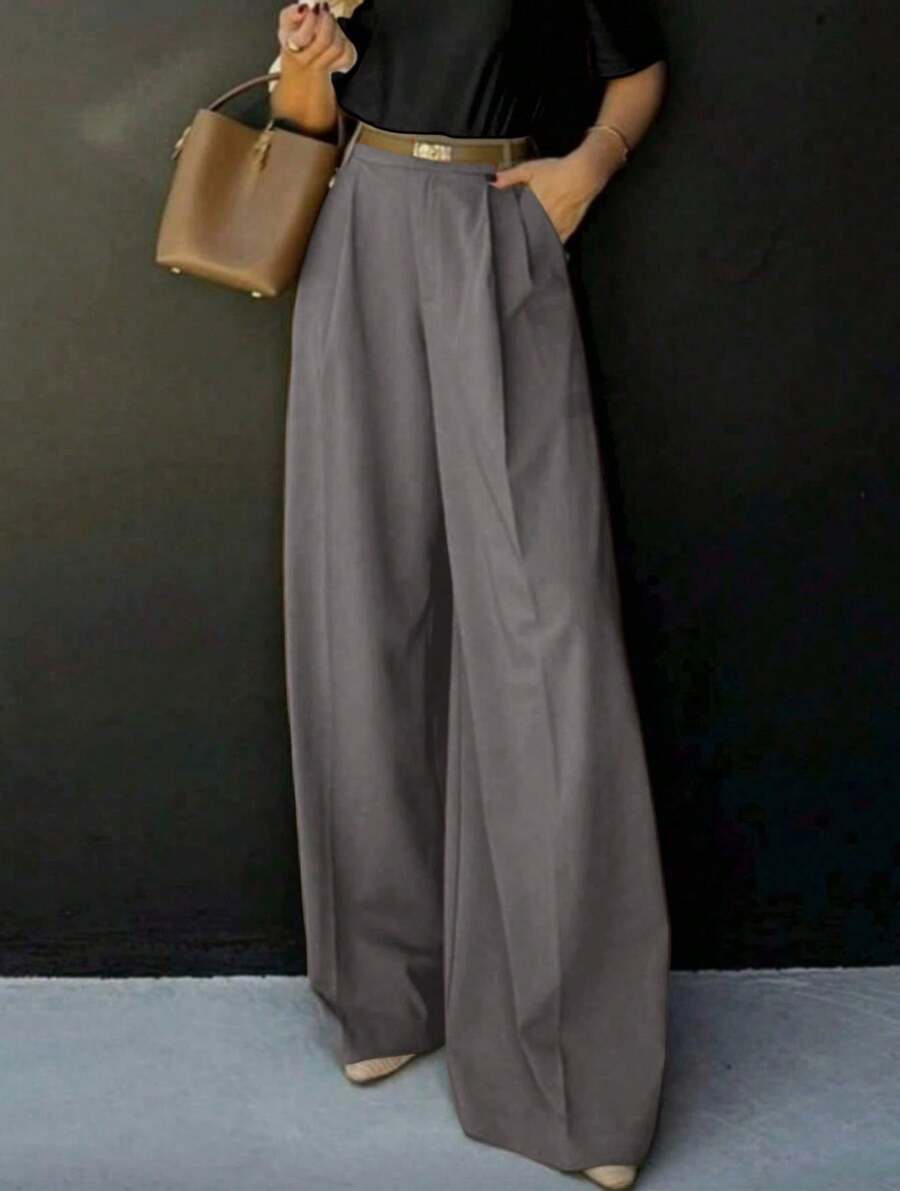 Straight-Leg, Wide-Legged Suit Trousers. Floor-Length. - Dark Grey - View 1