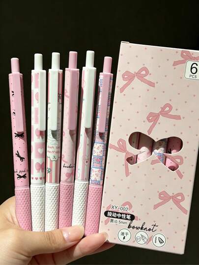 12/6 piezas Bolígrafos neutros de secado rápido con lazo rosa y signo de interrogación, bolígrafos de marcado para estudiantes ST, bolígrafos rosas con estampado de dibujos animados para niñas con botón pulsador, bolígrafos de tinta, adecuados para útiles escolares y vuelta al cole