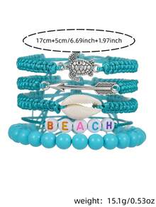 Bộ 5 chiếc vòng tay hạt cườm kiểu bãi biển hình rùa, mũi tên, vỏ sò, chữ BEACH, có thể điều chỉnh kích thước, thích hợp làm quà tặng cho gia đình, bạn bè, đeo hàng ngày. - Nhiều màu - Xem 6