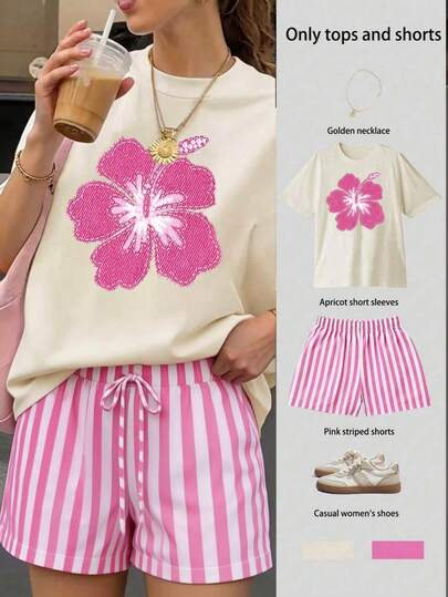 Bộ đồ nữ cỡ lớn gồm áo thun ngắn tay in hoa và quần short kẻ sọc, kiểu dáng thường ngày, thanh lịch mùa hè.