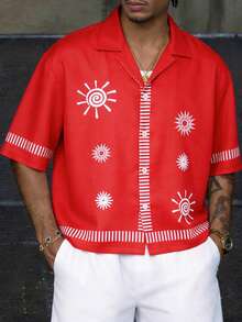 Áo sơ mi nam tay ngắn dáng rộng in họa tiết hình học màu đỏ cổ , thích hợp cho kỳ nghỉ hè, đi biển, dự tiệc, quà tặng cho bạn trai. - Đỏ - View 4