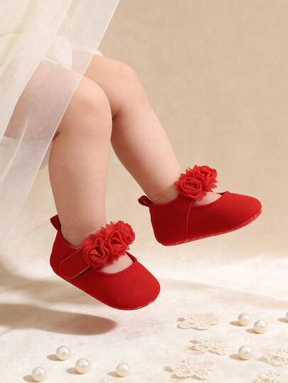 Baby Girl Red Floral Dress Shoes - Elegant Princess Mary Jane Flats With Non-Slip Soft Sole, Newborn Crib Shoes For Party Photo Shoot Red Baby Girl Mary Jane Shoes - Infant Princess Dress Shoes With Floral Bow, Soft Sole First Walkers For Chinese New Year Christening Wedding