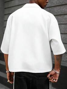 男士落肩短袖前扣休闲夏季时尚星形印花衬衫 - 白色 - 查看 6