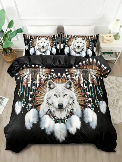 2/3pcs Native Wolf Bedding Set Duvet Cover Set (1 Duvet Cover + 1/2 Pillowcase Without Pillow Insert), Feather Headdress Wolf Print Bedding Set Bedding Set, Soft Warm And Cozy Bedding Set For Bedroom, Guest Room, Dormitory Decoration
