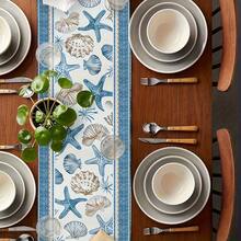 1pc Blue & White Vintage Starfish Shell Table Runner, Coastal Vacation Style Geometric Striped Shell Design, Faux Linen Woven Texture Stiff Fabric Rectangular Tablecloth For Dining Table And Cabinet, Indoor & Outdoor Decor, Suitable For All Seasons, Daily, Wedding, Holiday Home Decor, Restaurant, Living Room, Dining Table And Cabinet Decoration - Blue and White - View 6