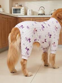 狗狗夏季防掉毛睡衣 - 透气高弹全包覆宠物连体衣，夏季防舔舐防虫连体衣，适合中大型犬，全身印花狗狗服装 - 可爱格子和狗狗图案 - 彩色 - 查看 6