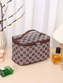 DAONIAO 1个格子图案化妆包，大容量可折叠化妆品收纳包，居家旅行伴侣 - 棕色 - 查看 5
