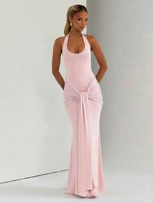 Elegant Sexy Halter Neck Fitted Waist Ruched Party Dress, Ball Gown For Women, High Elastic Fabric For Sexy Slim Fit Silhouette Pink Wedding - Pink - View 4