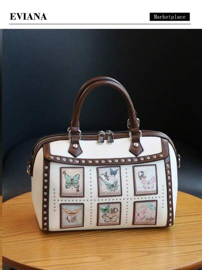 2026 Spring/Summer New Heavy Metal Hardware Y2K Rivet Biker Bag, Colorblock Retro Large Capacity Women's Handbag, Fashionable Commuter Elegant Boston Pillow Bag, Butterfly Pattern Shoulder Crossbody Bag