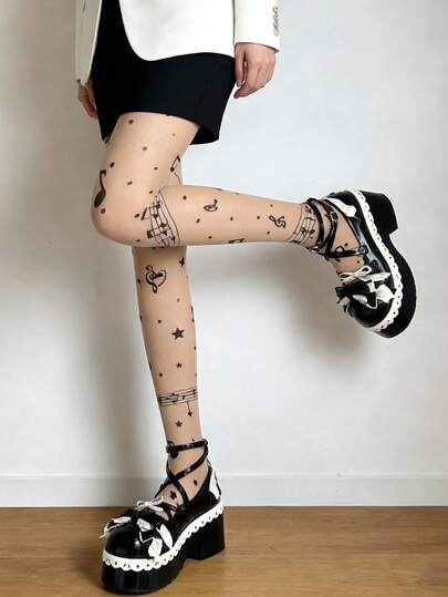 1 Pair Women's Music Note & Dot Line Print Pantyhose, Slimming, Comfortable, Fashionable And Unique, Perfect For Daily Wear, Commuting, Festival Parties And Outings