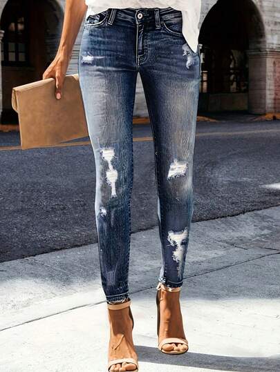 Women's Pocket Detail Distressed Skinny Casual Versatile Jeans Spring
