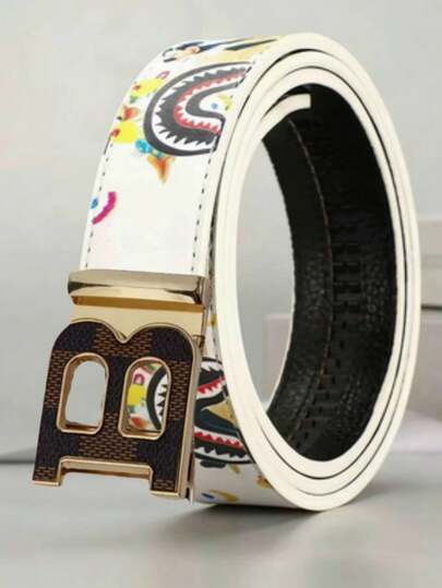 Men's Black B Buckle Ratchet Belt - White Cartoon Shark Print Adjustable Slide Waistband