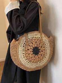 经典编织圆形沙滩单肩包，草编斜挎包，女士手提包，沙滩必备，沙滩用品，夏季必备，度假包，假日必备，旅行、度假、假日和海滩的完美之选 - 黑色 - 查看 3