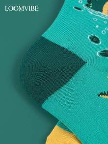 1 双男女通用中筒袜 - 孔雀绿卡通鳄鱼青蛙印花，撞色黄色袜口和绿色袜跟/袜尖，活泼的丛林动物图案设计，适合日常穿着，为您的造型增添休闲活泼的气息。 - 彩色 - 查看 7