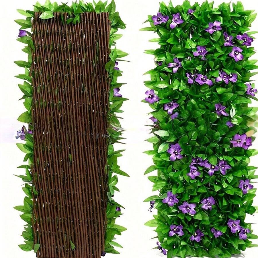 Cerca artificial con hojas falsas, plantas decorativas de plástico para el patio, cerca de madera retráctil, barandilla de pared de jardín - Multicolor - Ver 1