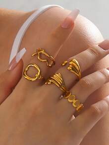 5pcs Stainless Steel Minimalist Geometric Line Open Rings, Suitable For Women's Daily Wear - Gold - View 2