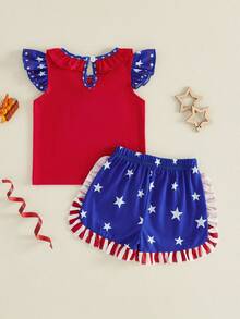 Toddler Baby Girl 4th Of July Outfits Letter Embroidery Fly Sleeves T Shirt Tops And Star-Stripe Ruffled Shorts Set Cute Memorial Day Outfit - 紅色 - 查看 7