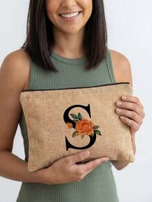 1pc A-Z Letter & Floral Print Cosmetic Bag, Lightweight Travel Toiletry Organizer - Multicolor - View 6