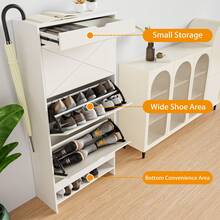 3-Drawer Shoe Cabinet, Made Of Wood, With A Sliding Shelf On Top, 2 Levels, White - White - View 6
