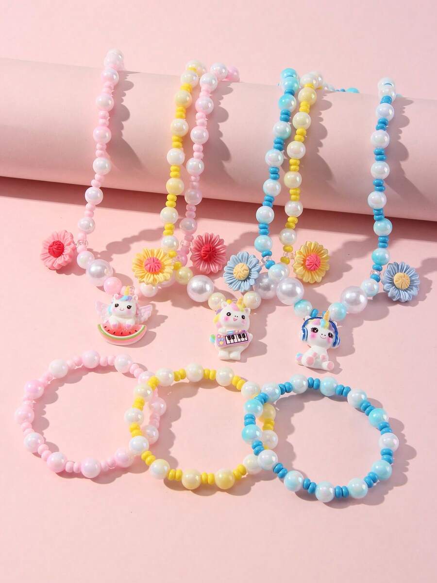 2pcs/Set Cute Pony & Flower Pendant Pearl Beaded Bracelet, Necklace Jewelry Set, Suitable For Holiday Party, School, Birthday Gift For Girls - Multicolor - View 1