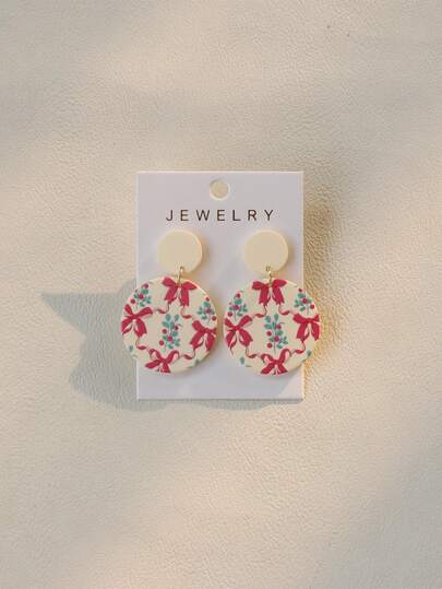 1对可爱圣诞红色蝴蝶结涂鸦圆形亚克力吊坠耳环，女士节日派对礼物