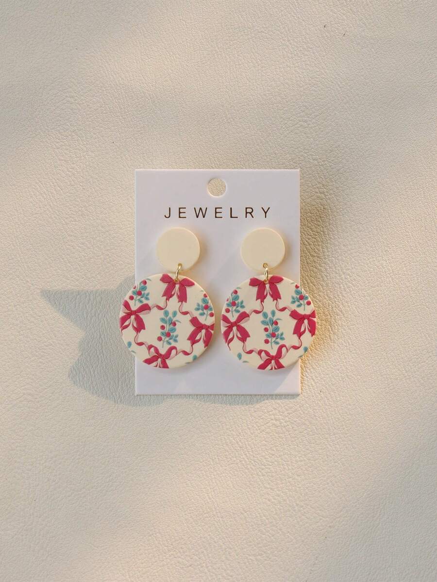 1对可爱圣诞红色蝴蝶结涂鸦圆形亚克力吊坠耳环，女士节日派对礼物 - 米色 - 查看 1