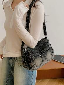New Casual Chic Soft Jeans Multi-Layer Crossbody Bag With Multiple Pockets, Versatile Commuter Large Capacity Women's Shoulder Bag, Suitable For Work Commuting, Shopping And Traveling. - màu đen - Xem 3