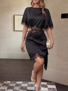 Đầm ngắn satin ren đen thanh lịch dành cho nữ | Đường viền bất đối xứng, xẻ tà, cổ cánh dơi - Thích hợp cho các bữa tiệc, sự kiện cocktail, trang phục mùa xuân/hè. - màu đen - Xem 7