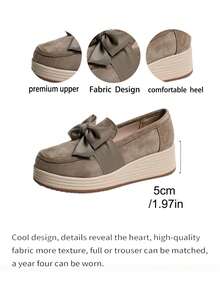 2026 Spring Autumn New Sweet Bow Wedge Loafers For Women Suede Slip-On Platform Wedge Pumps Daily Commute Date Shopping Casual Shoes - Khaki - View 8