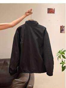 女士短款夹克风衣外套，宽松休闲飞行员夹克，春秋时尚黑色 - 黑色 - 查看 2