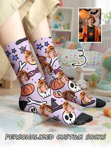 1 Pair Customizable Children's Mid-Calf Socks, Can Print Any Face Pattern, Suitable For Boys And Girls, Personalized Photo Socks, Fun Customized Pattern Mid-Calf Socks - Multicolor - View 11