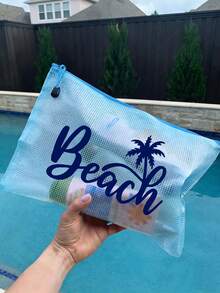 多色時尚網格海灘包，印有「Beach」椰子樹圖案，海灘主題。大容量透明化妝包，尼龍拉鍊盥洗包，輕巧，可存放防曬霜、零食、比基尼和海灘用品。春/夏儲物，適合游泳、海灘、潛水和夏季度假，學生返校，輕巧防曬儲物袋，適合朋友、家人、閨蜜、同學。完美禮物，多種顏色可選 - 彩色 - 查看 4