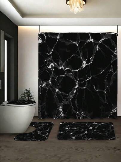 1/3/4pcs Black & White Marble Pattern Bathroom Set, Home Decor, Shower Curtain, Bathroom Ensemble, Bathroom Accessories, Including Shower Curtain, U-Shaped Toilet Seat Cover, Non-Slip Mat, Toilet Seat Cover And 12pcs Shower Curtain Hooks. Suitable As Housewarming, Birthday, Holiday, Couple Gifts