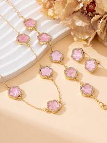 1 Set Elegant Luxury Sparkling Pink Clover Pendant Necklace, 1 Bracelet, 1 Pair Earrings Jewelry Set For Women - Pink - View 4