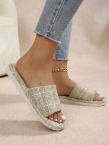 Women's Linen Indoor Slippers, Summer Non-Slip Thick-Soled Linen Flat Sandals, Soft Bottom, Fluffy Slippers - Yellow - View 3