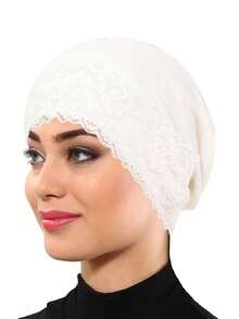 1pc New Lace Patchwork Headscarf, Muslim Women Daily Wear Turban Hat - Solid Color - View 14